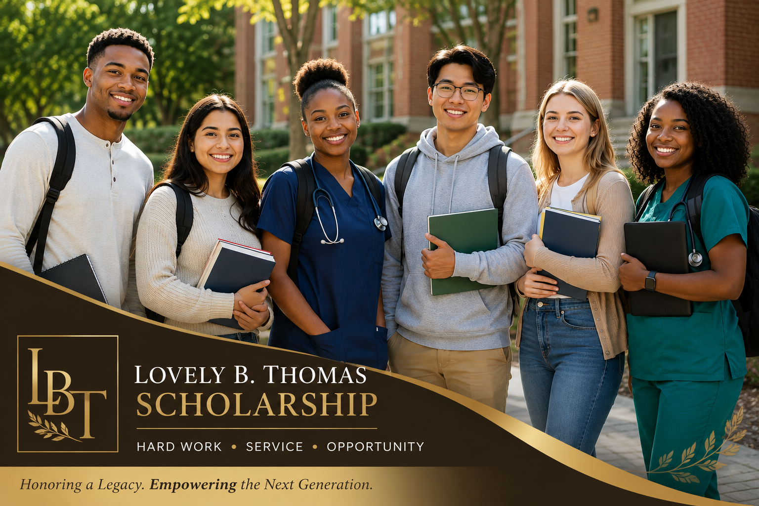 Lovely B. Thomas Scholarship banner featuring diverse students and the values Hard Work, Service, and Opportunity